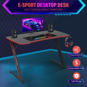 PayLessHere 47 Inch Modern Z-Shaped Gaming Desk Computer Desk for Home Office with Headphone Hook - Sturdy Workstation Table with Spacious Desktop,Red