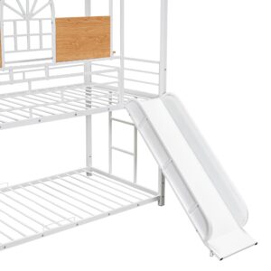 Harper & Bright Designs Metal Twin Over Twin Bunk Beds with Slide, House Bunk Bed with Storage Stairs, Kids Bunk Beds with Roof and Guardrails for Girls Boys Teens, White+White Slide