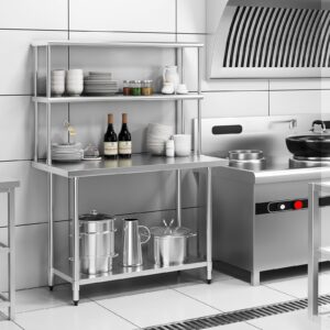 Giantex 48 Inch Stainless Steel Overshelf with Adjustable Lower Shelf, 2 Tier Commercial Double Overshelf for Kitchen Prep Table Restaurant