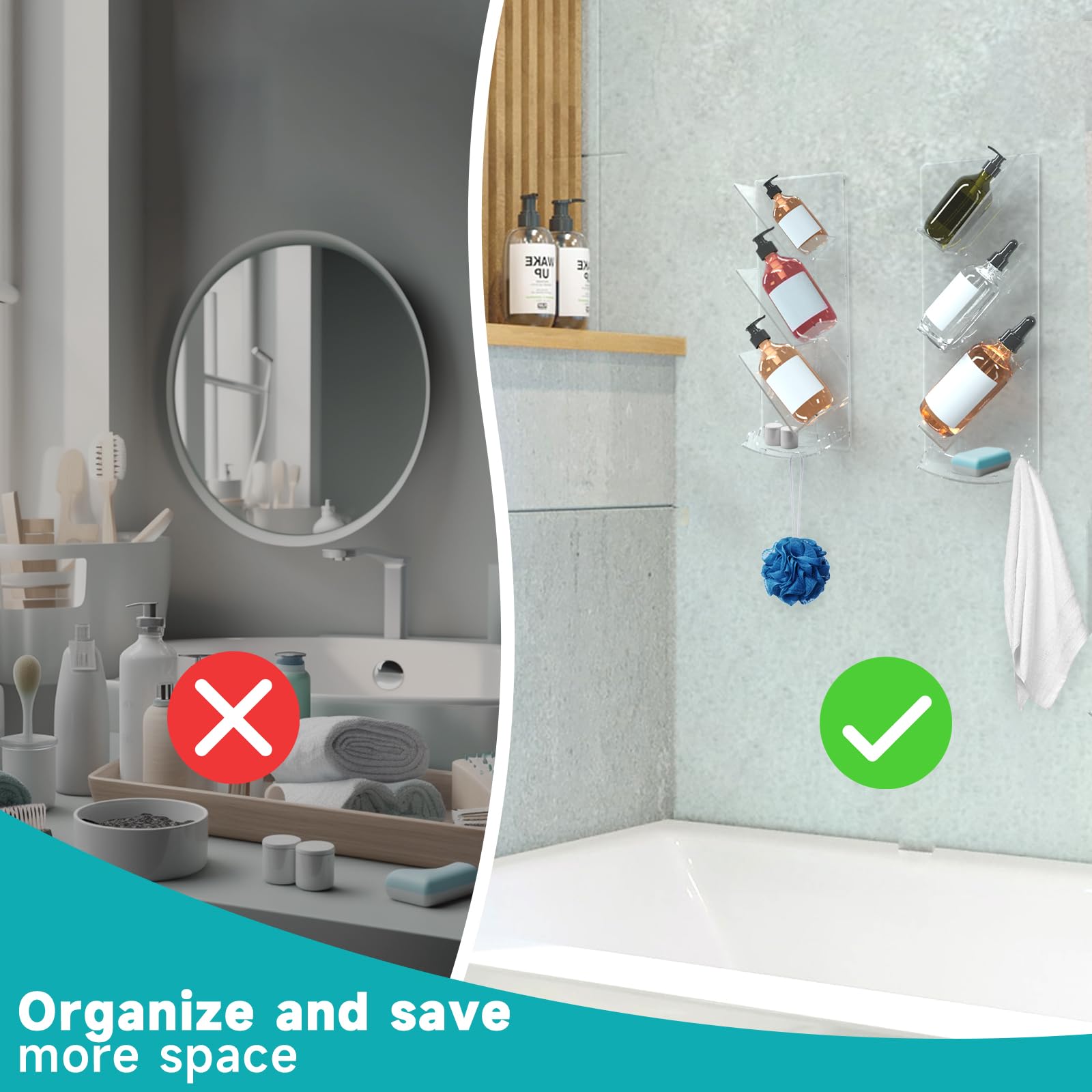 Fippkargo Shower Caddy 2 Pack, Acrylic Shower Shelves for Bathroom Organizer,Shower Wall Organizer with Water Guide,No Drilling Shampoo Holder Rack Wall Mounted,Shower Shelf for Inside Shower