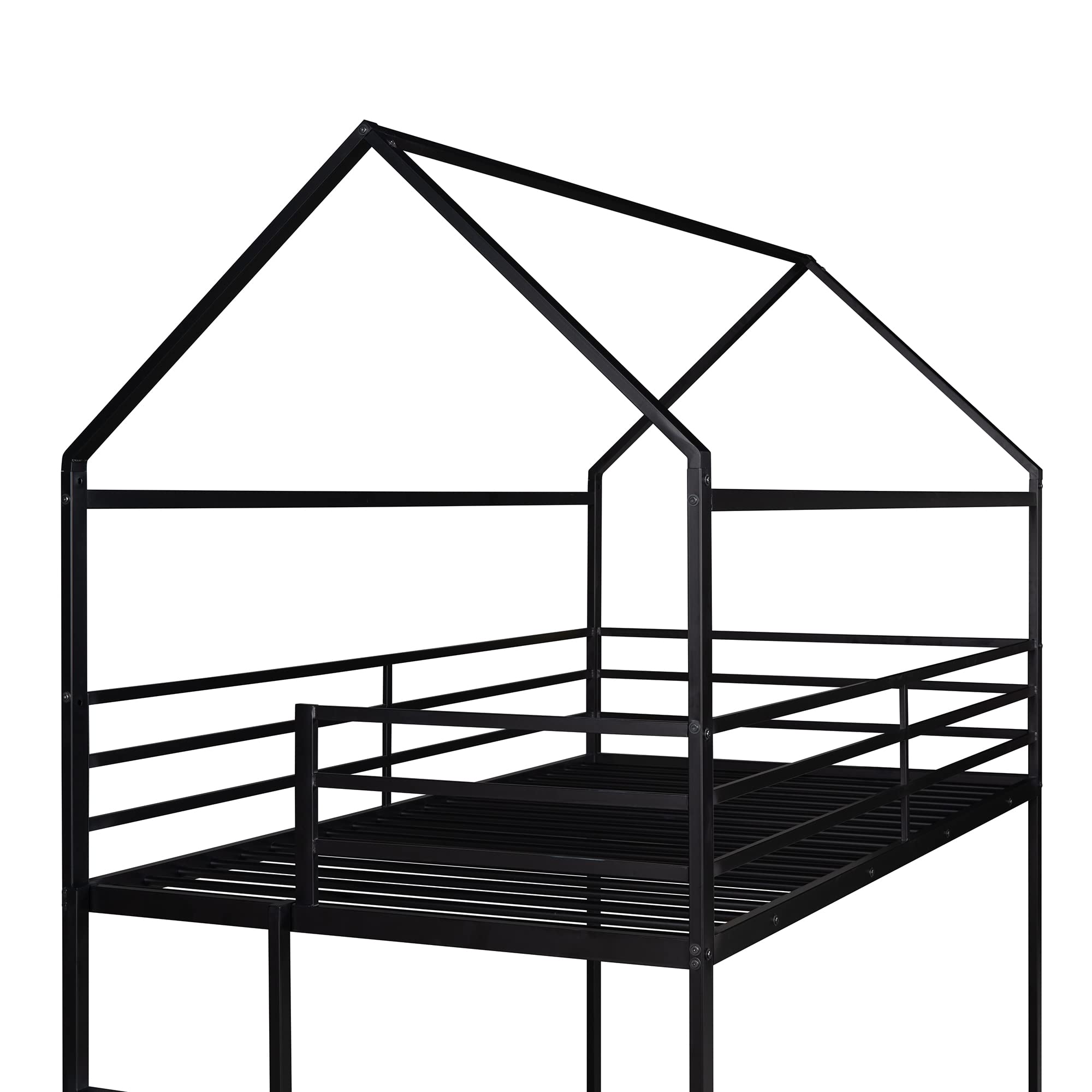 LostCat Twin Over Twin Metal Bunk Bed, House Low Bunk Bed Frame w/Safety Guardrail & Ladder, No Box Spring Needed, SEasy to Install, for Kids, Teens, Girls, Boys, Black