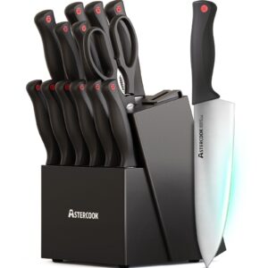 astercook kitchen knife set, 15 pieces knives set with built-in sharpener, high carbon german stainless steel chef knife block sets, sharp & rust resistant dishwasher safe black