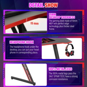 PayLessHere 47 Inch Modern Z-Shaped Gaming Desk Computer Desk for Home Office with Headphone Hook - Sturdy Workstation Table with Spacious Desktop,Red