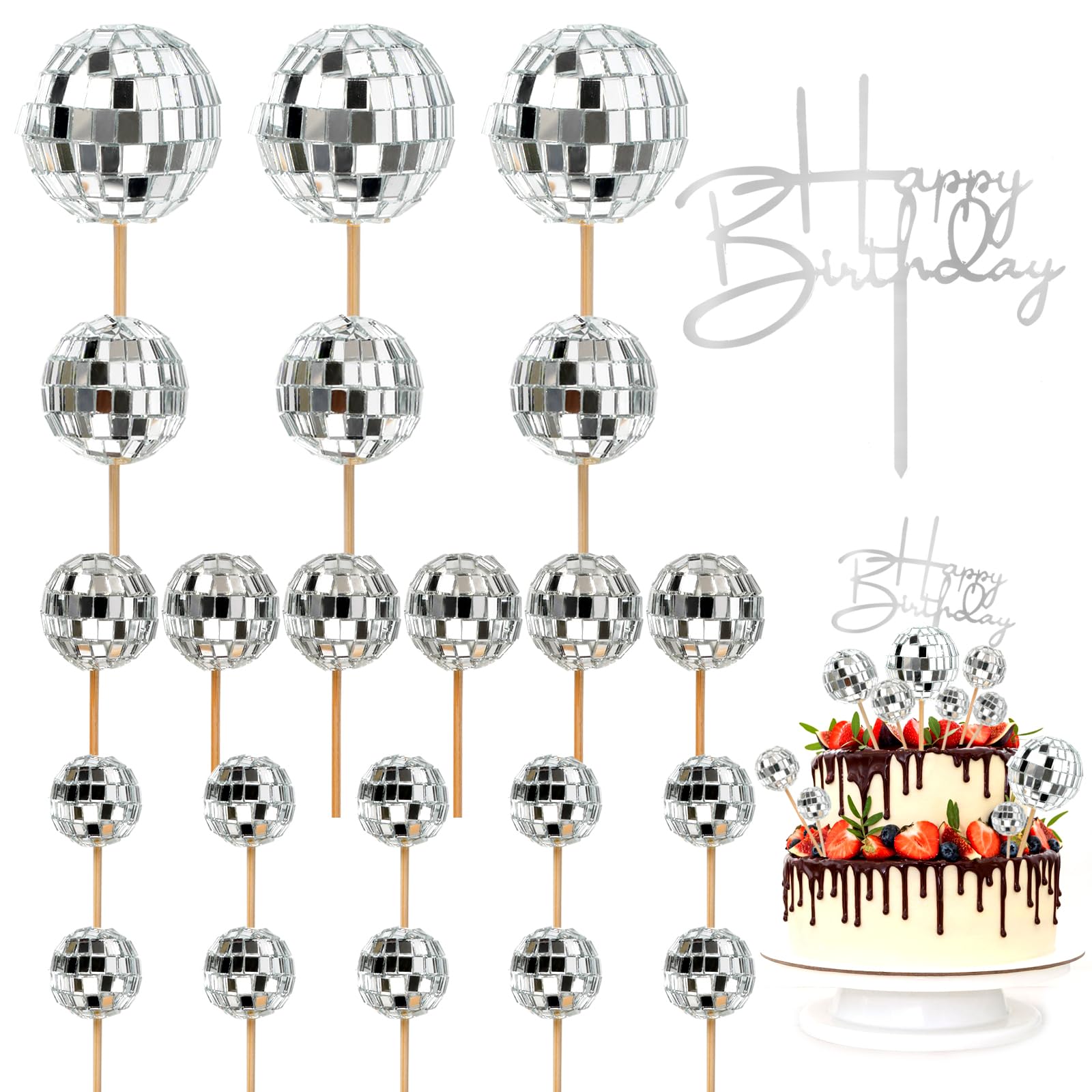 23pcs Disco Ball Cupcake toppers Happy Birthday Cake Topper 1970s Disco Ball Cake Picks Theme Cake Decor for Disco Theme Party Favor