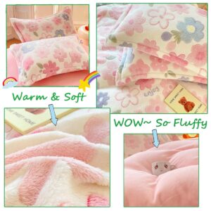 KASBLUEL Bedding Sets, Pink Rabbit Duvet Cover Aesthetic Comforter Covers Ultra Fluffy Blanket Soft Cute Kawaii Bed Set for Toddler Teen Kids Girls Women (Pink Flowers, Twin)