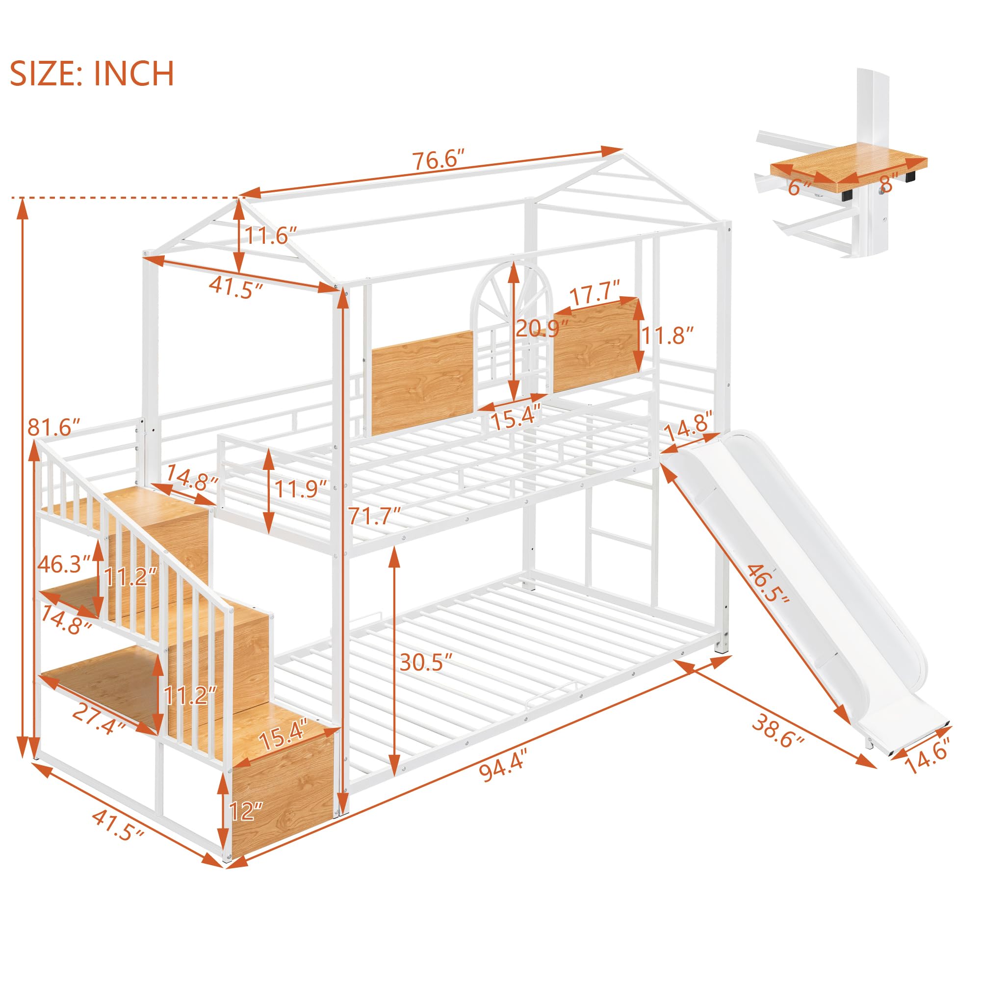 Harper & Bright Designs Metal Twin Over Twin Bunk Beds with Slide, House Bunk Bed with Storage Stairs, Kids Bunk Beds with Roof and Guardrails for Girls Boys Teens, White+White Slide