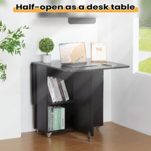 UPHYB Folding Dining Table, Versatile Drop Leaf Dining Table with Lockable Wheels and Storage, Space Saving Extendable Dinner Table with Drawer, Kitchen Table for Small Spaces(Black)