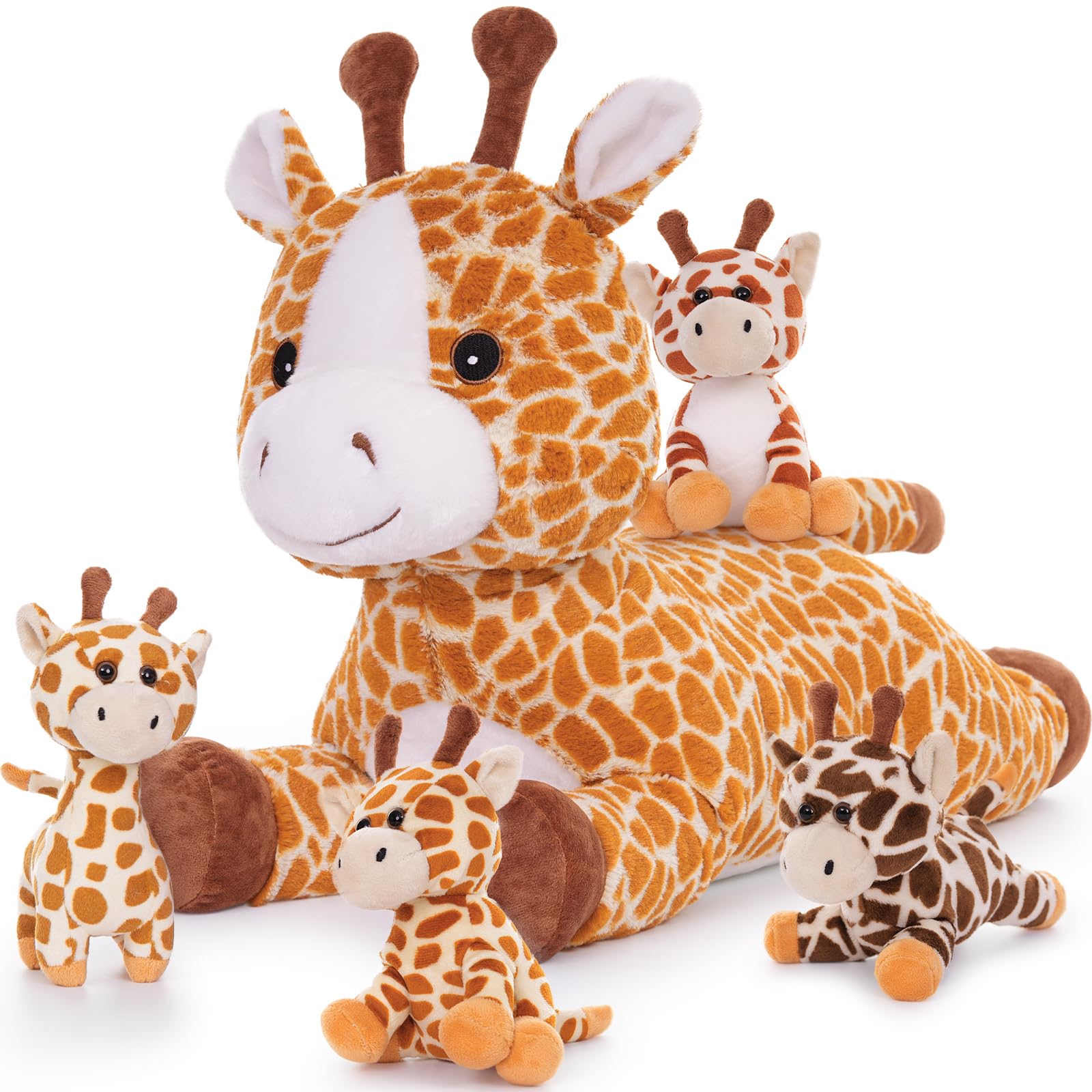 Muiteiur 5 in 1 Big Giraffe Stuffed Animals Set, 22 inch Large Mommy Stuffed Giraffe Plush with 4 Cute Small Giraffe Babies Toy, Soft Giraffe Plush Pillow for Boys Girls