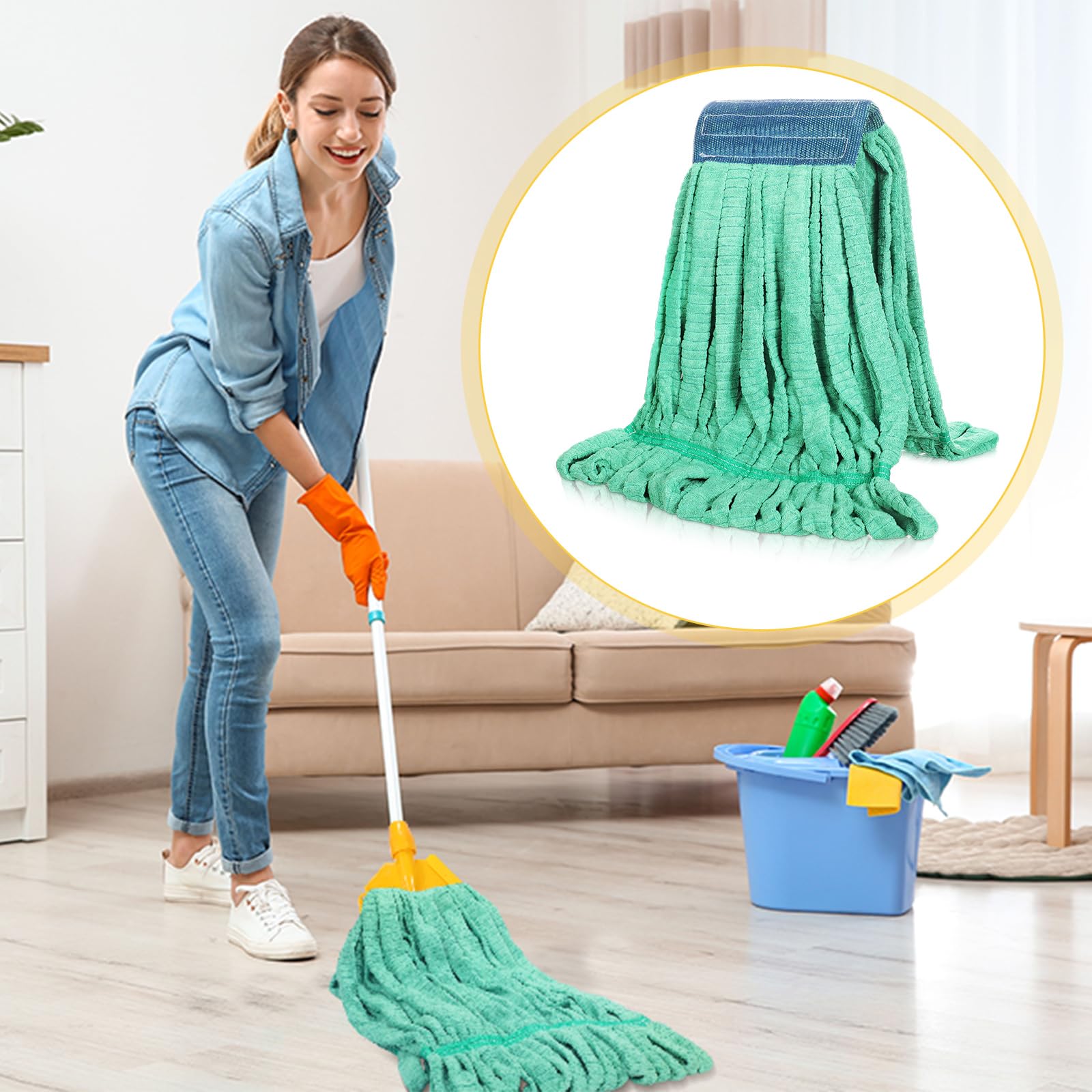 Lallisa 4 Pcs Commercial Mop Head Replacement Tube Microfiber Mop Heads for Floor Cleaning Industrial Mop Heads Looped End Wet Mop Head Refill for Home Commercial Industrial Use (Green,Large)