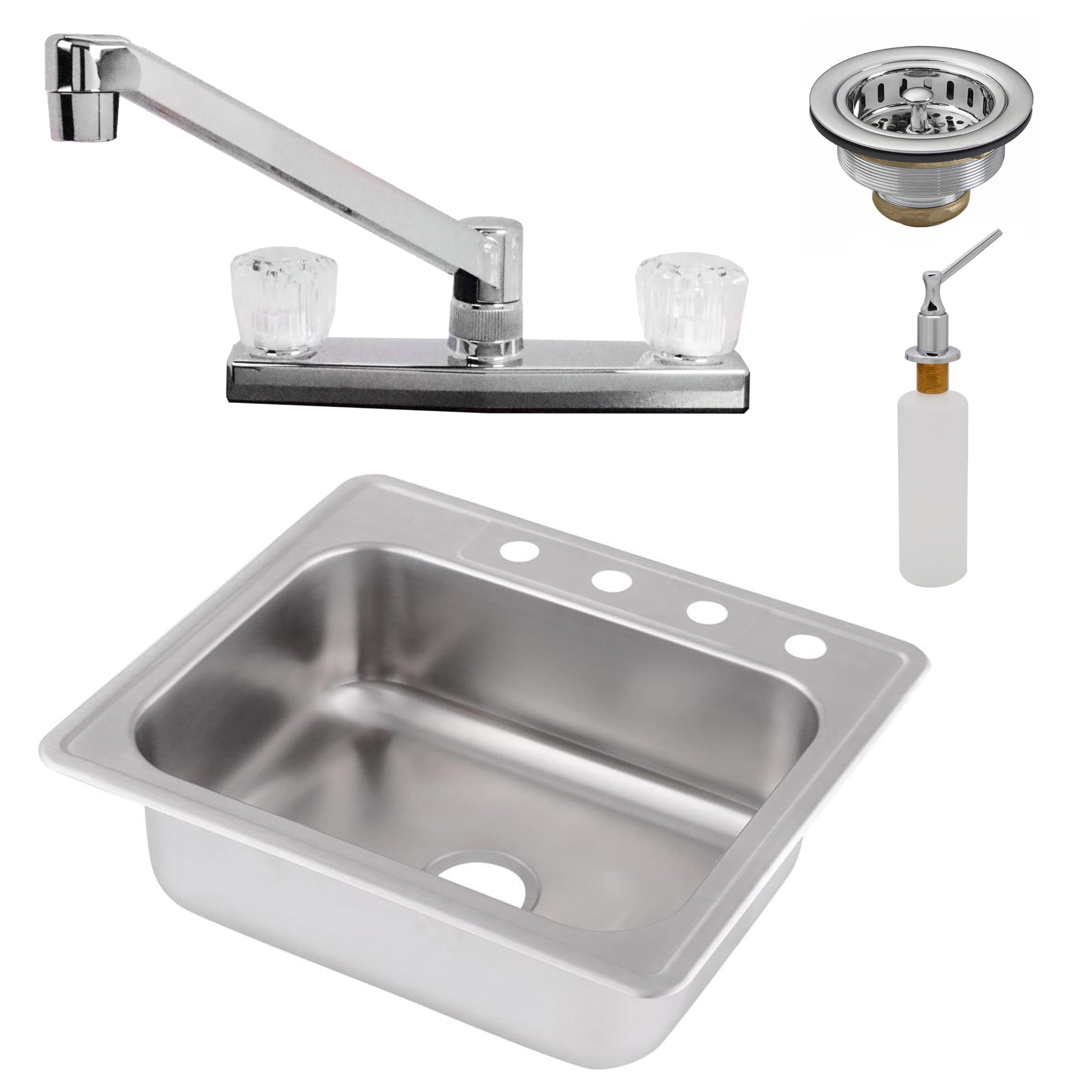 Westbrass D25228KIT-26 25" 18 Ga. Drop-In Stainless Steel Undermount Single Bowl Kitchen Sink with 2-Handle Faucet & Accessories, Polished Chrome