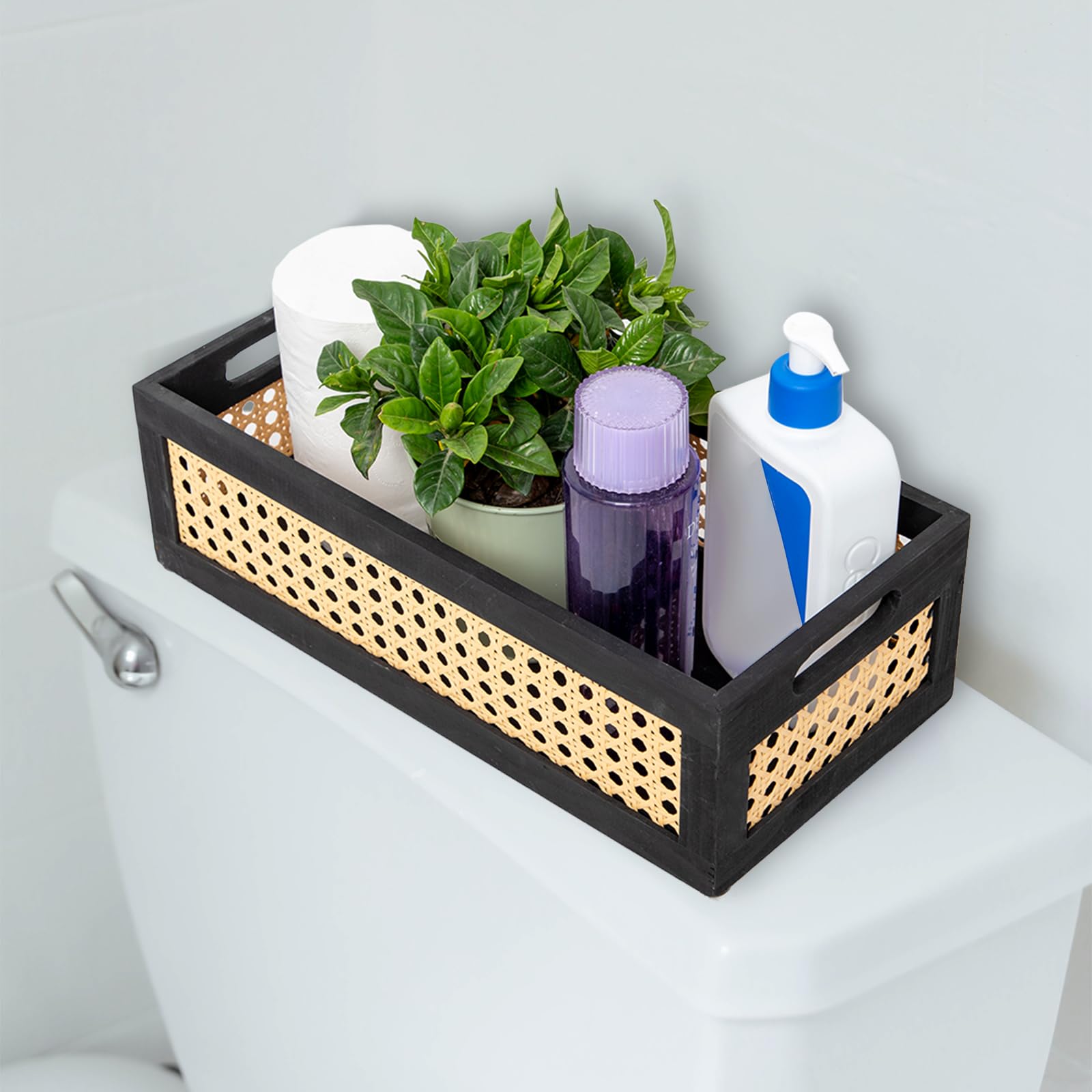 JJSQ Wood Toilet Tank Basket Toilet Paper Storage Basket Organizer, Bathroom Basket Tray with Handles for Vanity Countertop Organizing, Rustic Decor, Black