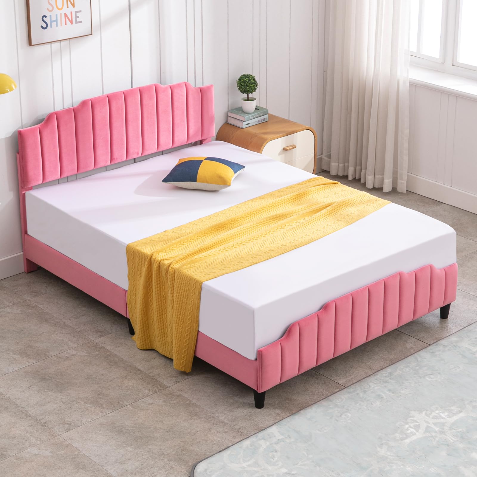 PUREMIND Twin Size Kids Bed Frame with Headboard, Children Bedroom Bed Frame, Upholstered Bed Platform with Slat Support, No Box Spring Needed, Pink Bed Frame for Girls-Princess Twin