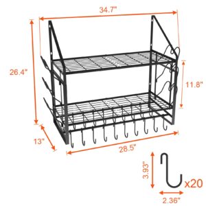 VyGrow 35 Inch Pot Rack Wall Mounted, 2 Tier Pots and Pans Organizer with 20 Hooks and 6 Pot Lid Holders, Heavy Duty Steel Pot and Pan Hanger for Kitchen Cookware Utensils Storage 34.7" Lx13 Wx26.4 H