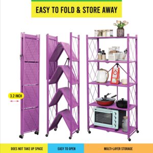 Letusto Foldable Collapsible Shelf with Wheels & Breaks - Folding Shelf Heavy Duty Metal Frame Pantry Shelving Unit - Origami Bookcase - No Assembly Bookshelf (Purple, 5 Tier)