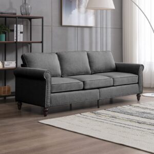 puremind sofa couch, linen fabric 3 seat comfy couches for living room, mid century modern couch with solid wood frame and 4 gourd shapes legs, soft cushion sofa for home/apartment(dark gray)