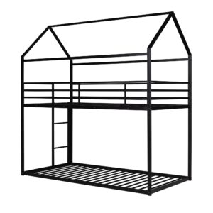 LostCat Twin Over Twin Metal Bunk Bed, House Low Bunk Bed Frame w/Safety Guardrail & Ladder, No Box Spring Needed, SEasy to Install, for Kids, Teens, Girls, Boys, Black