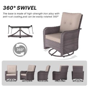 Gotland 3 Pieces Patio Swivel Rocker Wicker Chairs-Outdoor Swivel Rocking Chairs with 1 Rattan Coffee Table&2 Khaki Thickened Cushions Outdoor Furniture Conversation Sets