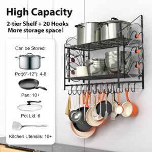 VyGrow 35 Inch Pot Rack Wall Mounted, 2 Tier Pots and Pans Organizer with 20 Hooks and 6 Pot Lid Holders, Heavy Duty Steel Pot and Pan Hanger for Kitchen Cookware Utensils Storage 34.7" Lx13 Wx26.4 H