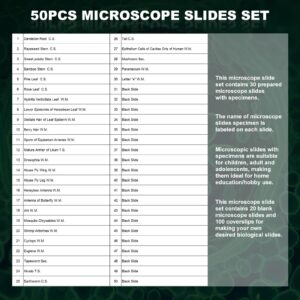 50 Microscope Slides and 100 Covers Set - 30 Prepared Microscope Slides with Specimens, 20 Blank Microscope Slides and 100 Microscope Coverslips - Microscope Slides for Kids Students Homeschool Use