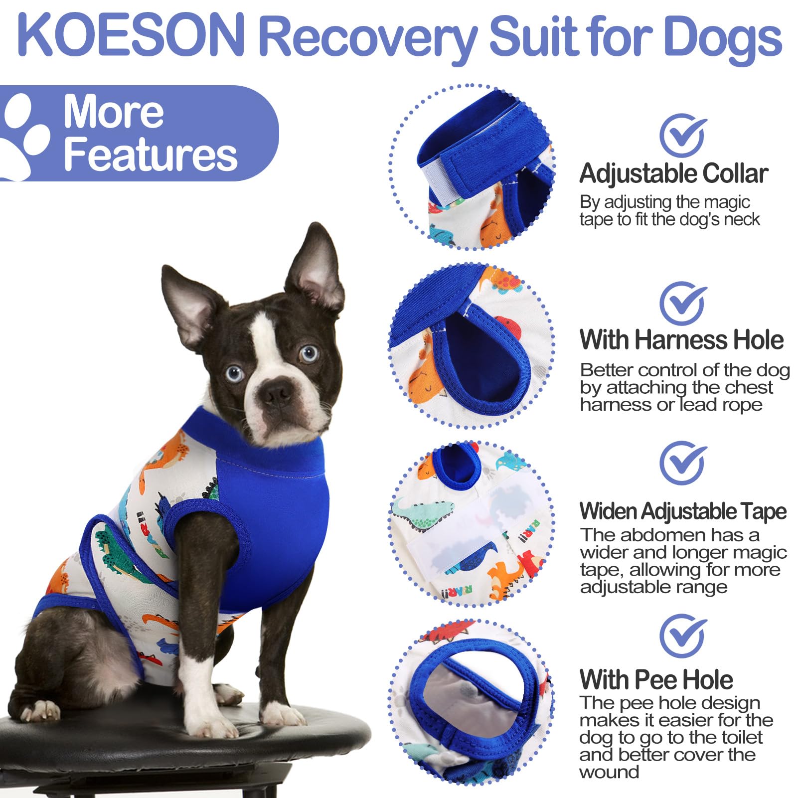 KOESON Recovery Suit for Dogs, Soft Dog Surgery Recovery Suit Female Male Anti Licking, Dinosaur Suitical Recovery Suit for Dogs After Surgery Dog Spay Recovery Suit with Pee Hole Blue L