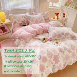 KASBLUEL Bedding Sets, Pink Rabbit Duvet Cover Aesthetic Comforter Covers Ultra Fluffy Blanket Soft Cute Kawaii Bed Set for Toddler Teen Kids Girls Women (Pink Flowers, Twin)