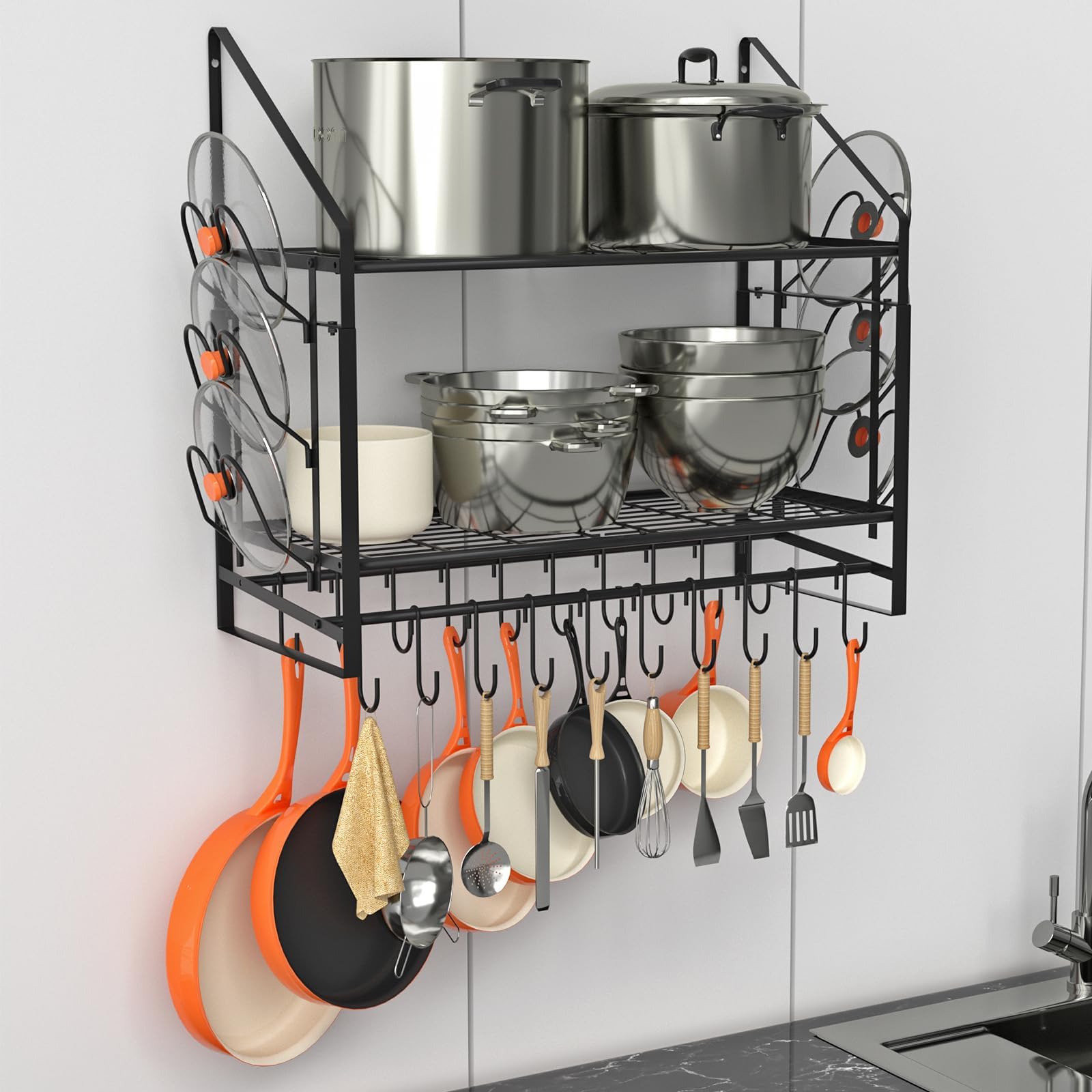 VyGrow 35 Inch Pot Rack Wall Mounted, 2 Tier Pots and Pans Organizer with 20 Hooks and 6 Pot Lid Holders, Heavy Duty Steel Pot and Pan Hanger for Kitchen Cookware Utensils Storage 34.7" Lx13 Wx26.4 H