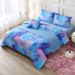 JQinHome Twin Gradient Galaxy Comforter Set for Girls,6 Piece Bed in A Bag 3D Colorful Tie Dye Constellation Print Ombre Bedding Set with Sheets(Blue)