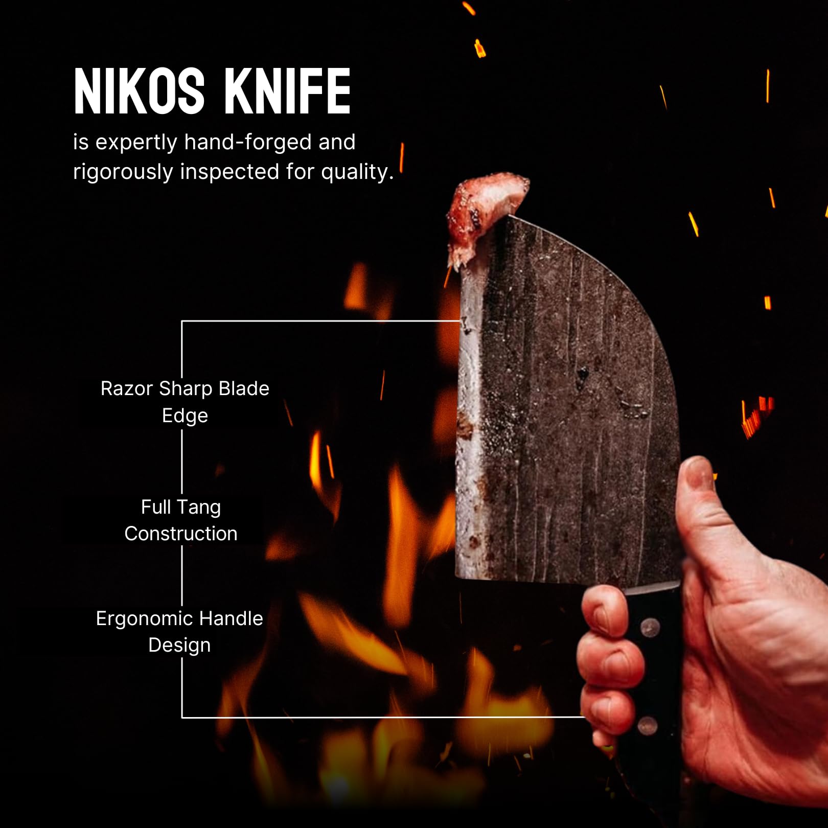 The Nikos Knife Serbian Chef Knife - 6.7” Hand-Forged High Carbon Steel Full Tang Cleaver Knife with Wood Handle - Razor Sharp Cooking Knife for Kitchen, Outdoor, Camping, Leather Sheath Included