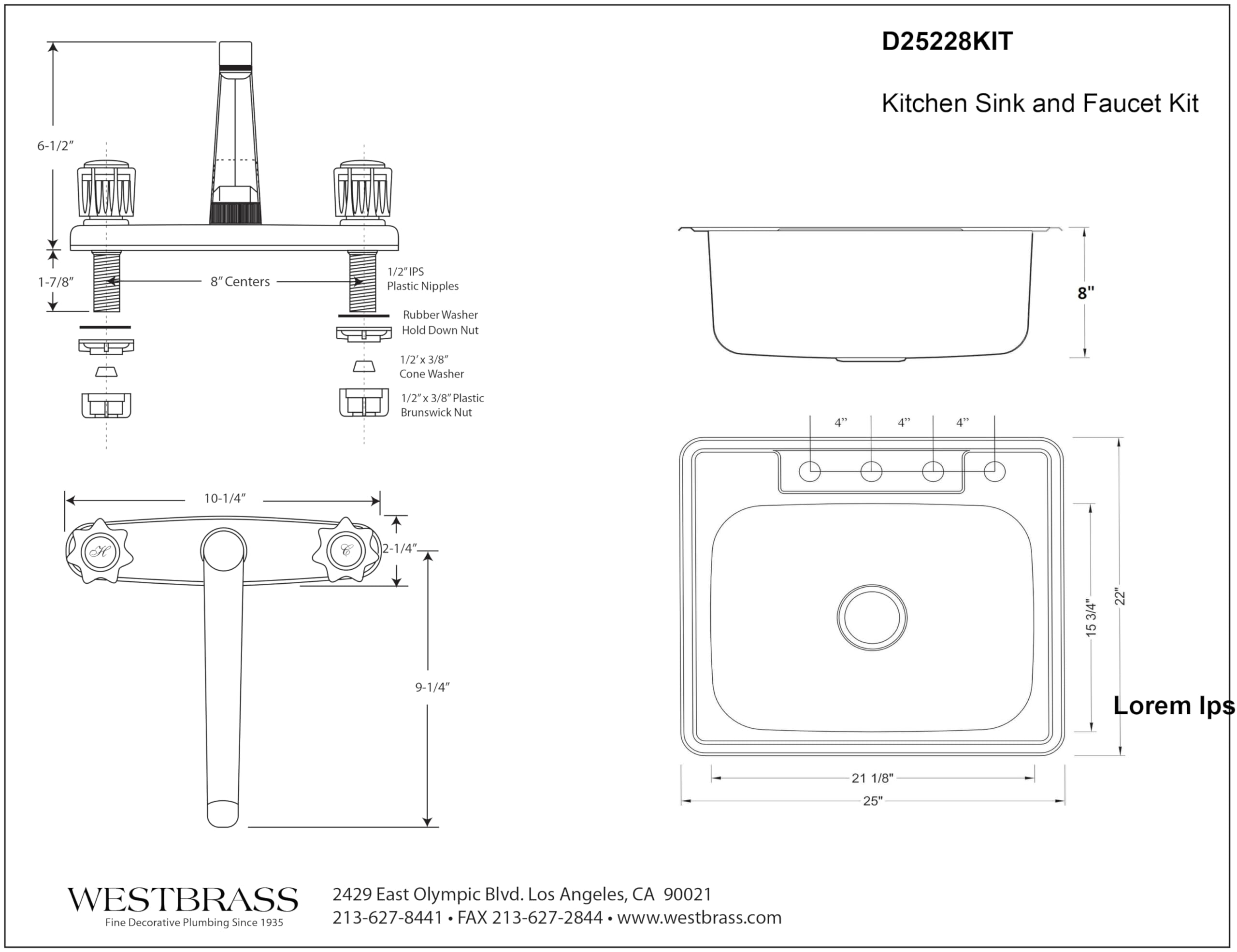 Westbrass D25228KIT-26 25" 18 Ga. Drop-In Stainless Steel Undermount Single Bowl Kitchen Sink with 2-Handle Faucet & Accessories, Polished Chrome