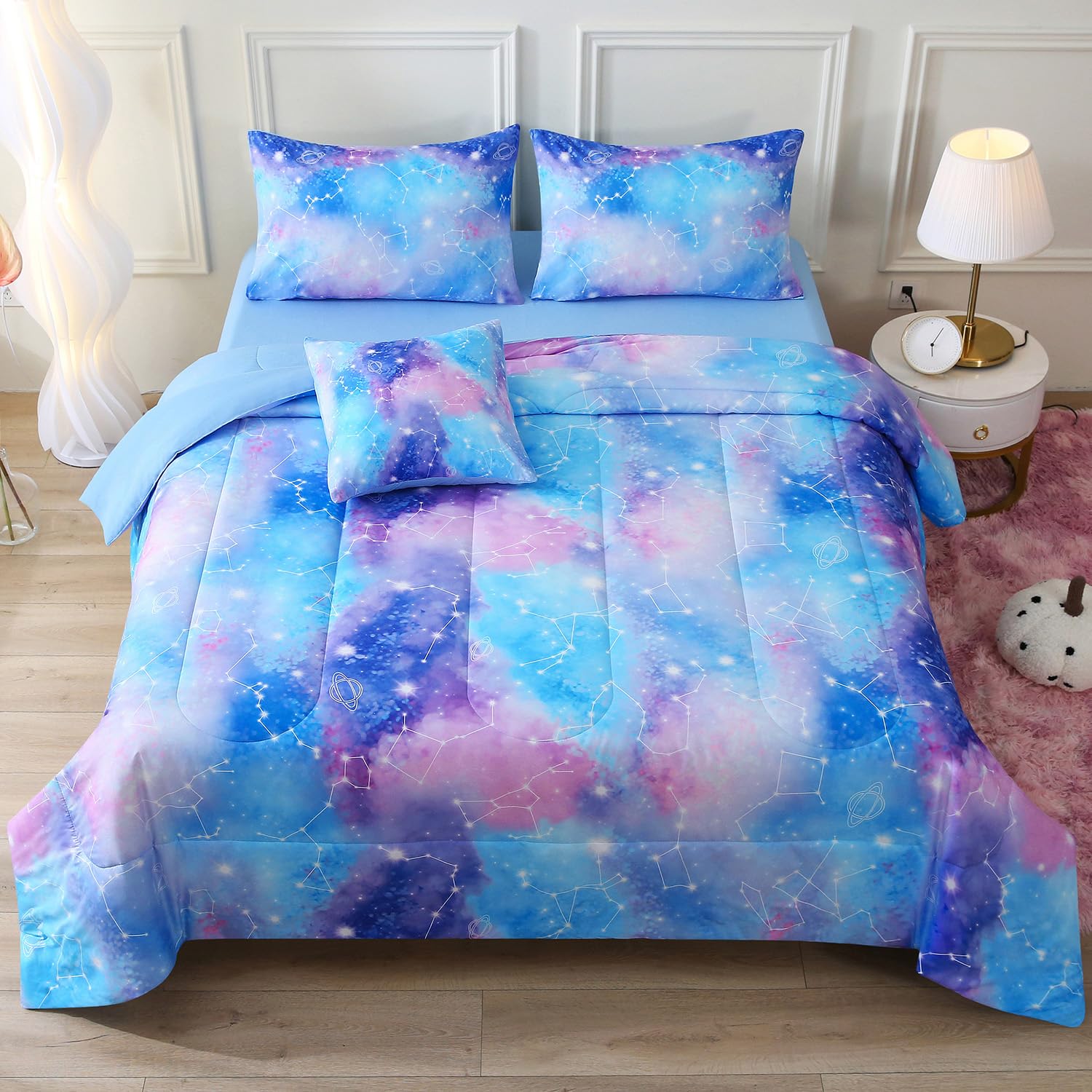 JQinHome Twin Gradient Galaxy Comforter Set for Girls,6 Piece Bed in A Bag 3D Colorful Tie Dye Constellation Print Ombre Bedding Set with Sheets(Blue)