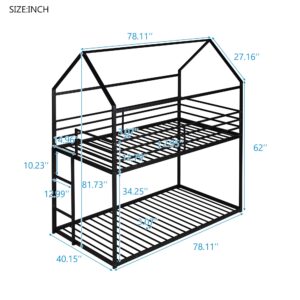 LostCat Twin Over Twin Metal Bunk Bed, House Low Bunk Bed Frame w/Safety Guardrail & Ladder, No Box Spring Needed, SEasy to Install, for Kids, Teens, Girls, Boys, Black