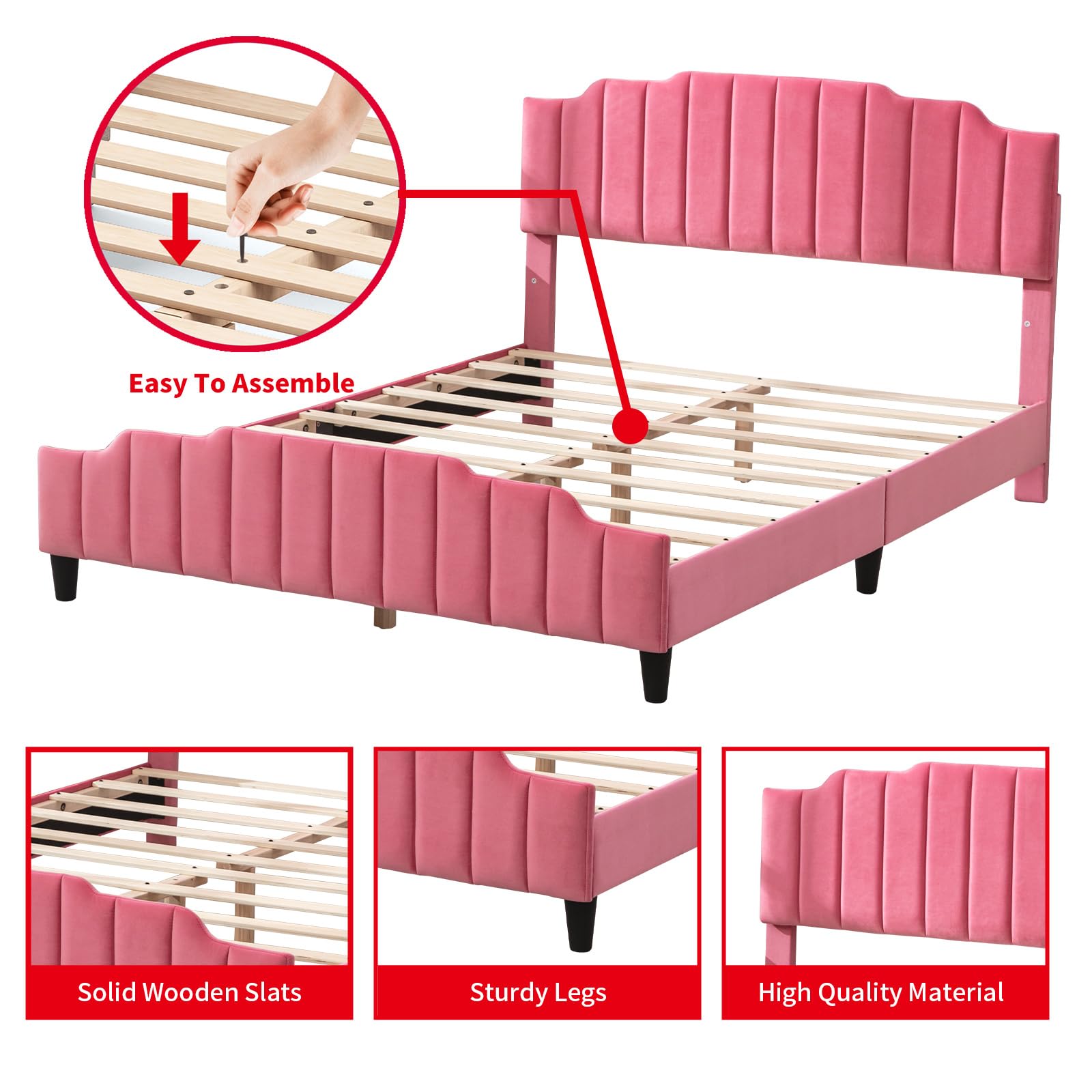 PUREMIND Twin Size Kids Bed Frame with Headboard, Children Bedroom Bed Frame, Upholstered Bed Platform with Slat Support, No Box Spring Needed, Pink Bed Frame for Girls-Princess Twin