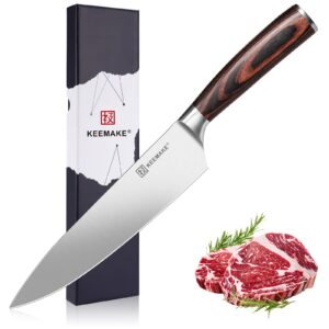 keemake chef knife 8 inch - sharp kitchen knife high carbon stainless steel blade, gyuto knife ergonomic wood handle, professional chef’s knife for home kitchen and restaurant