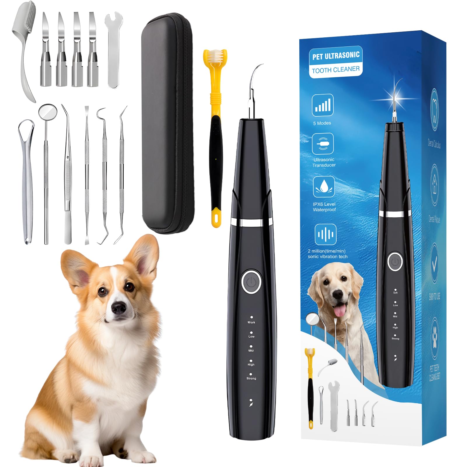 Dog Plaque Remover for Teeth,5 Modes Pet Ultrasonic Tooth Cleaner, Dog Tooth Tartar Remover, Teeth Cleaning Kit for Dental Care, Teeth Cleaner with LED Light, Finger Toothbrush for Dogs and Cats