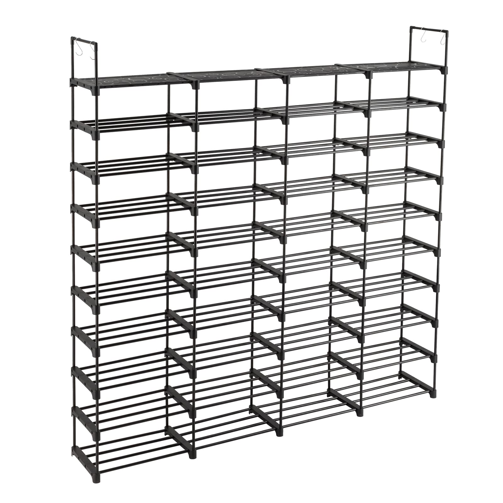 10-Tier Tall Shoe Rack - Free Standing Shoe Shelf Organizer - Large Metal Closet Organizers and Storage Shelves - Stackable Shoe Stand with Hooks for Bedroom Entryway - Holds 80 Pairs of Shoes - Black