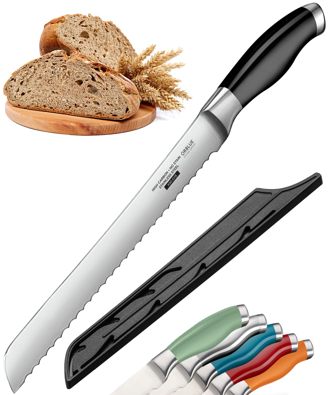 Orblue Serrated Bread Knife with 10-inch Upgraded Stainless Steel Razor Sharp Wavy Edge Width - Bread Cutter Ideal for Slicing Homemade Bagels and Cake, Black