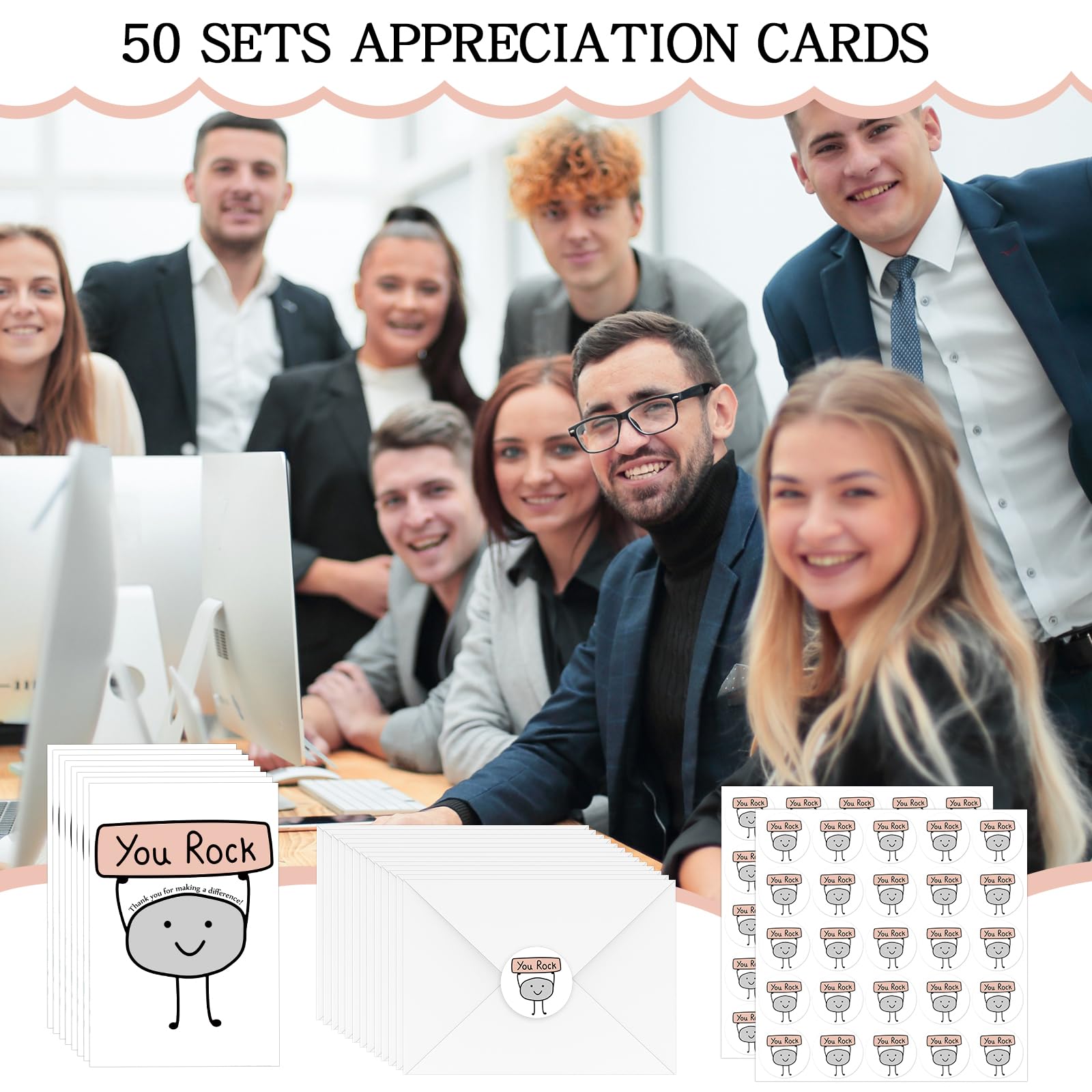 50 Sets You Rock Thank You Cards with Envelopes Teacher Appreciation Cards with Stickers for Team Employee Coworker Staff Graduation