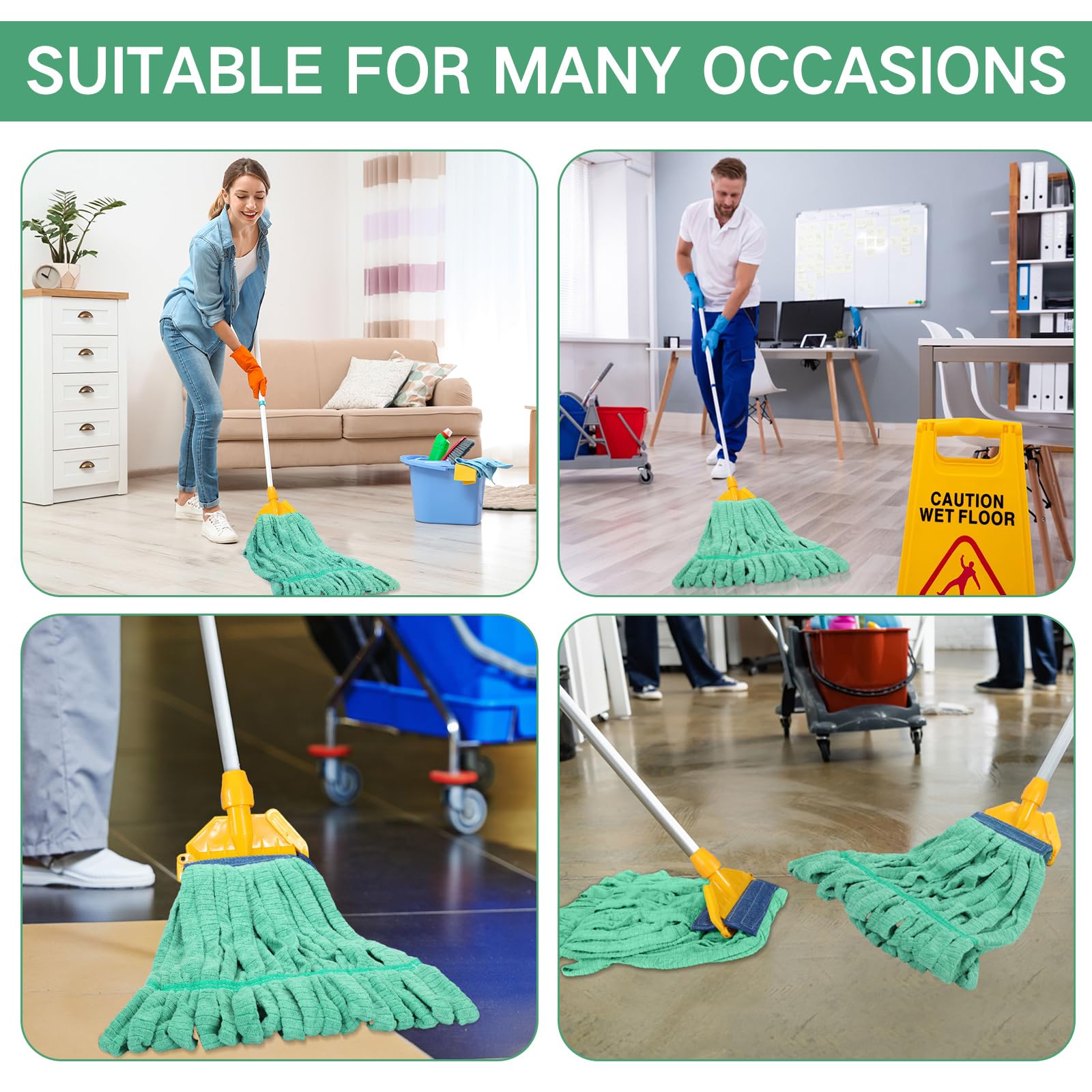 Lallisa 4 Pcs Commercial Mop Head Replacement Tube Microfiber Mop Heads for Floor Cleaning Industrial Mop Heads Looped End Wet Mop Head Refill for Home Commercial Industrial Use (Green,Large)