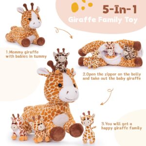 Muiteiur 5 in 1 Big Giraffe Stuffed Animals Set, 22 inch Large Mommy Stuffed Giraffe Plush with 4 Cute Small Giraffe Babies Toy, Soft Giraffe Plush Pillow for Boys Girls