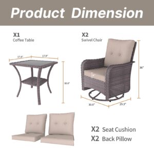 Gotland 3 Pieces Patio Swivel Rocker Wicker Chairs-Outdoor Swivel Rocking Chairs with 1 Rattan Coffee Table&2 Khaki Thickened Cushions Outdoor Furniture Conversation Sets