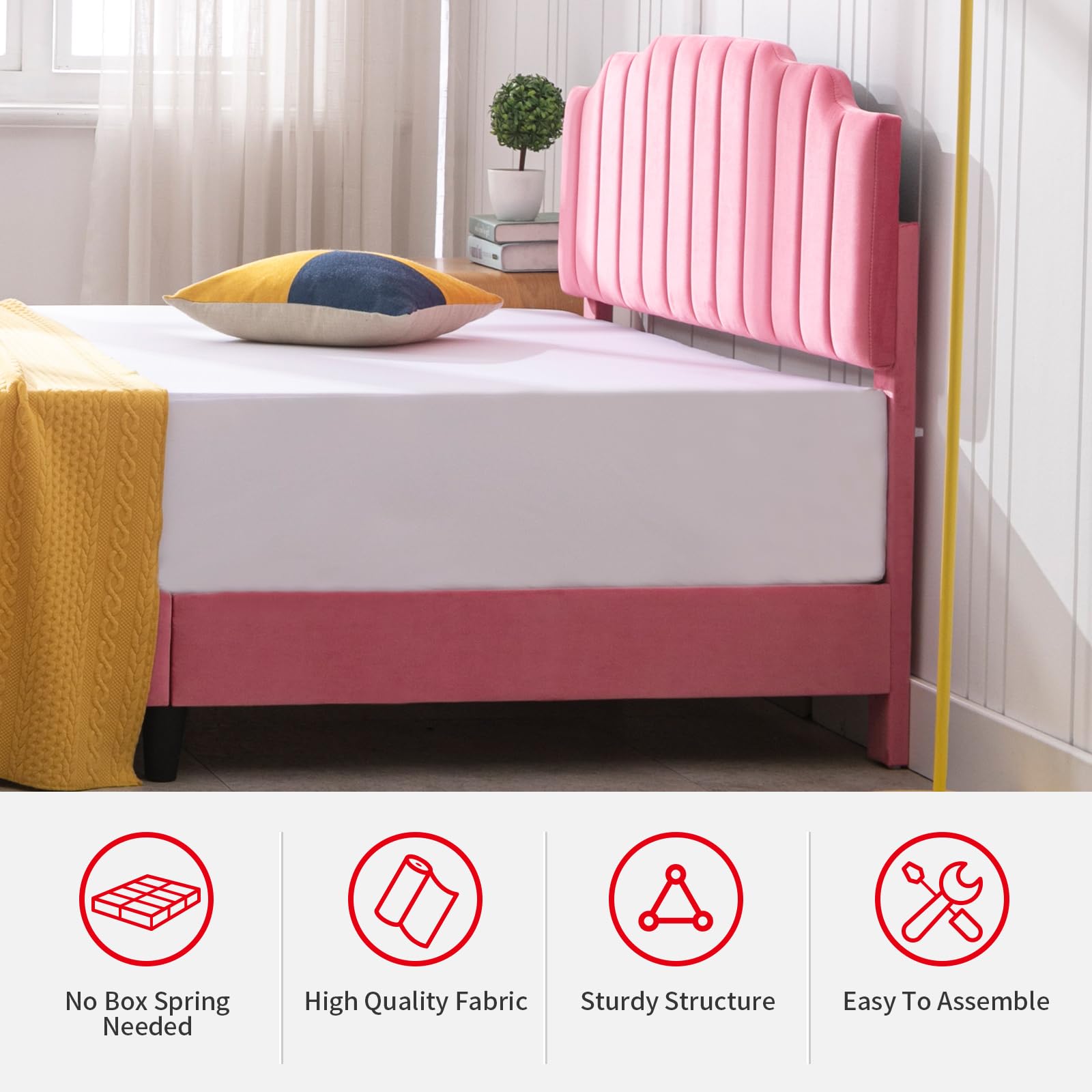 PUREMIND Twin Size Kids Bed Frame with Headboard, Children Bedroom Bed Frame, Upholstered Bed Platform with Slat Support, No Box Spring Needed, Pink Bed Frame for Girls-Princess Twin