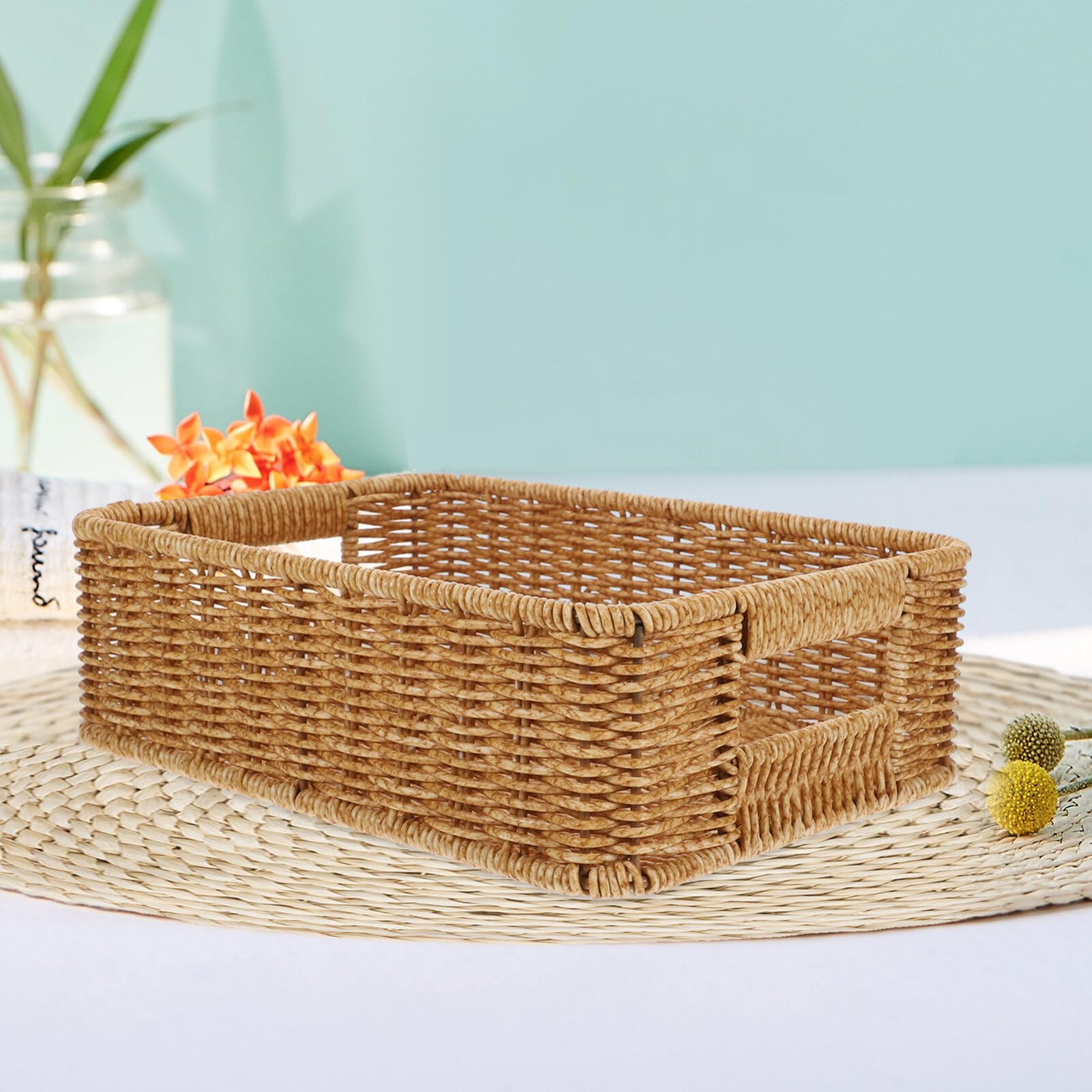 Luxshiny Woven Basket With Handle, Magazine Wicker Basket Seaweed Rectangular Basket Bins Rattan Basket Bin Books Case Farmhouse Standing Rack For Shelf Home