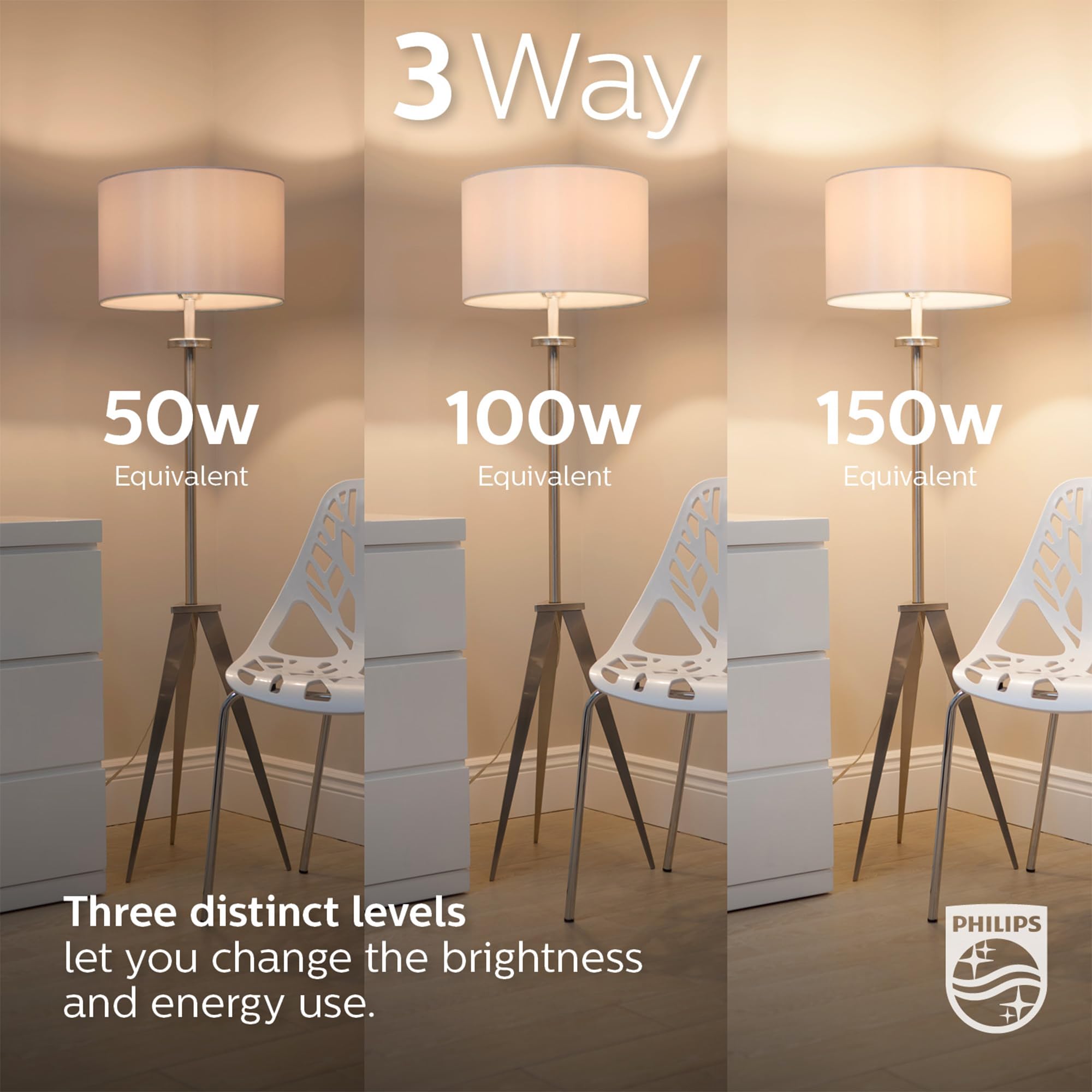 PHILIPS 40-Watt/60-Watt/100-Watt Equivalent 3-Way A21 E26 LED Light Bulb Soft White 2700K (4-Pack)