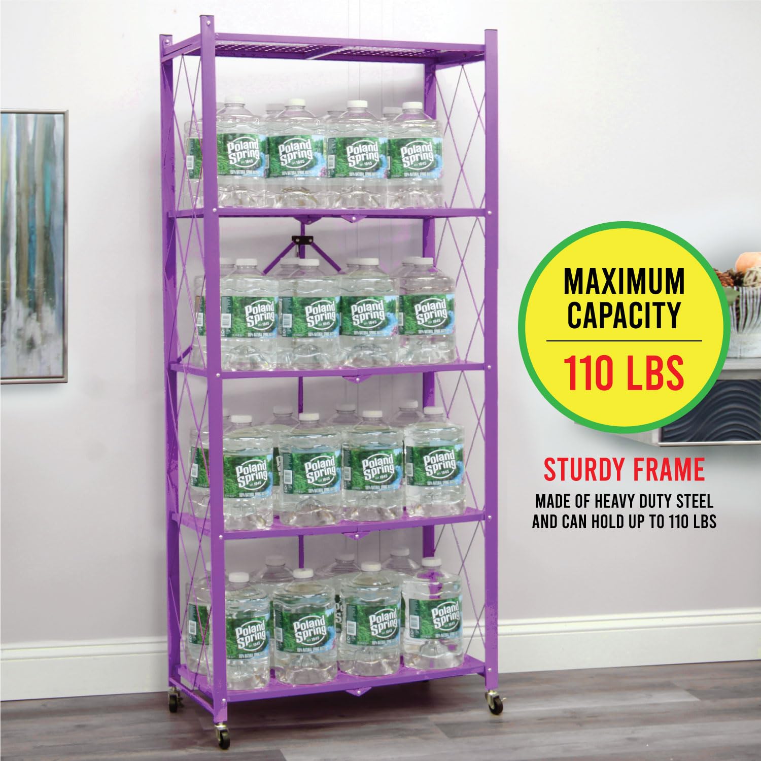 Letusto Foldable Collapsible Shelf with Wheels & Breaks - Folding Shelf Heavy Duty Metal Frame Pantry Shelving Unit - Origami Bookcase - No Assembly Bookshelf (Purple, 5 Tier)