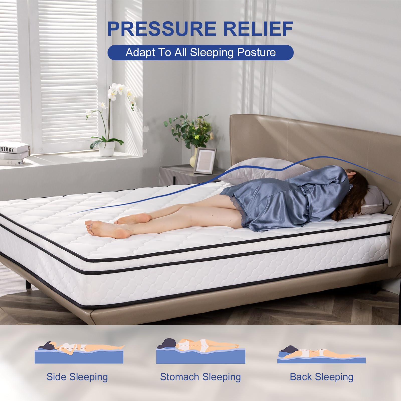 Queen Mattress, 10 inch Queen Size Mattress Hybrid in A Box, Bonnell Coil Queen Size Mattress Medium Soft Feel with High Density Foam for Pressure Relief