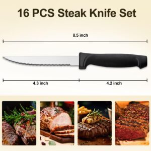 Pleafind 16-Pcs Steak Knives, 8.5 Inch Serrated Knives, Stainless Steel Steak Knives, Meat Knife for Table, Elegant Black Steak Knife Set for Home, Kitchen, Restaurant, Dishwasher Safe Steak Knives