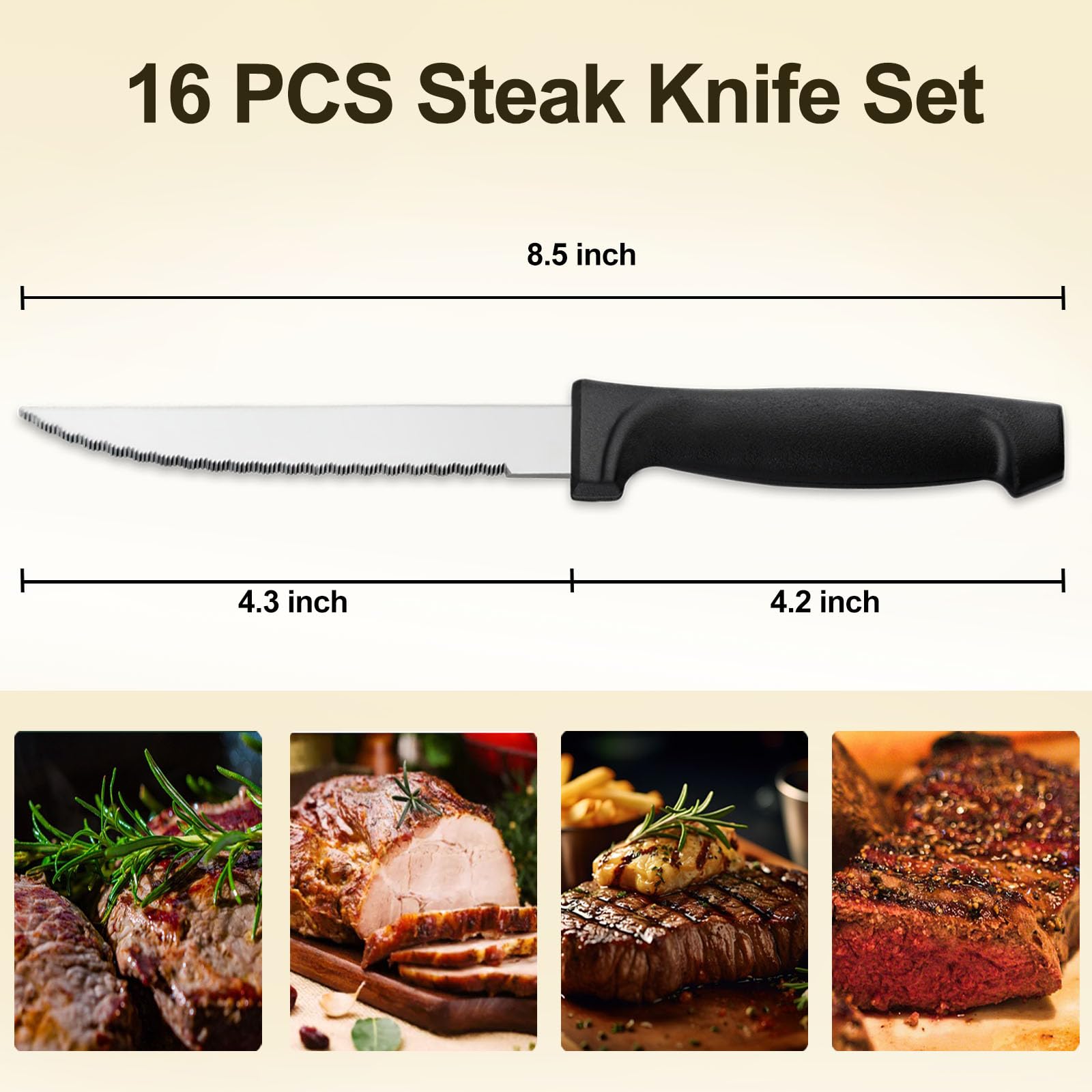 Pleafind 16-Pcs Steak Knives, 8.5 Inch Serrated Knives, Stainless Steel Steak Knives, Meat Knife for Table, Elegant Black Steak Knife Set for Home, Kitchen, Restaurant, Dishwasher Safe Steak Knives