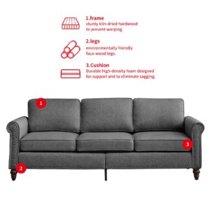 PUREMIND Sofa Couch, Linen Fabric 3 Seat Comfy Couches for Living Room, Mid Century Modern Couch with Solid Wood Frame and 4 Gourd Shapes Legs, Soft Cushion Sofa for Home/Apartment(Dark Gray)