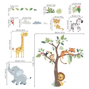 decalmile Jungle Animals Tree Wall Decals Elephant Giraffe Lion Safari Wall Stickers Baby Nursery Kids Bedroom Living Room Wall Decor