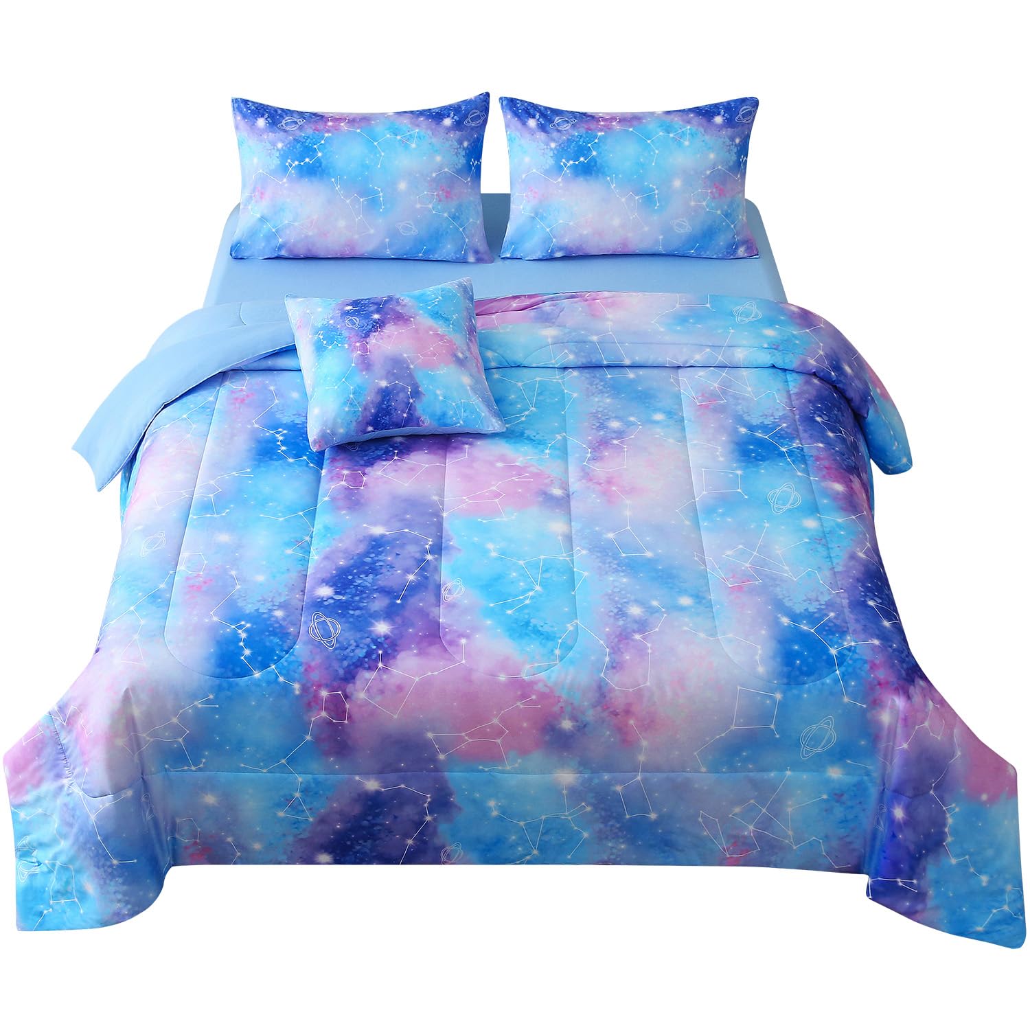 JQinHome Twin Gradient Galaxy Comforter Set for Girls,6 Piece Bed in A Bag 3D Colorful Tie Dye Constellation Print Ombre Bedding Set with Sheets(Blue)